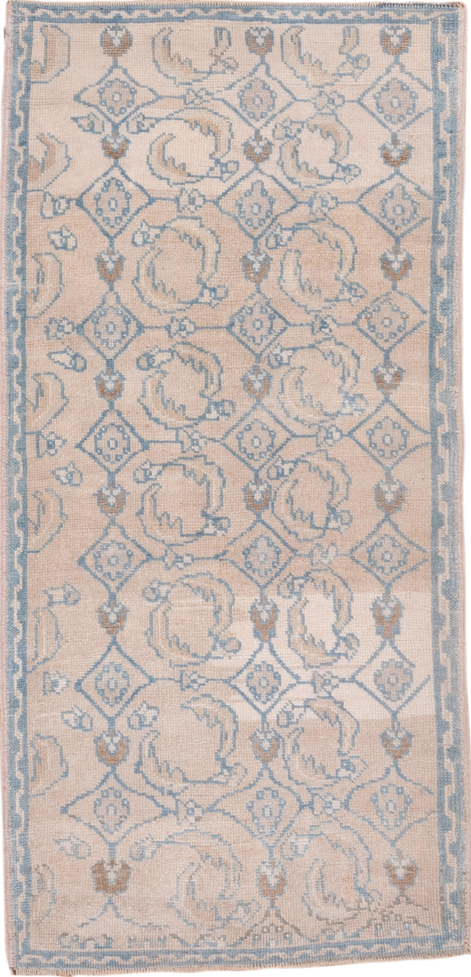 3' x 6' one-of-a-kind handmade vintage Oushak runner rug. Color palette: brown, dark gray, gray, light blue, light gray