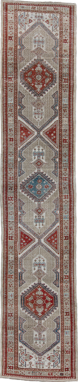 3' x 15' one-of-a-kind handmade vintage Sarab runner rug. Color palette: black, brown, charcoal, dark gray, gray, light gray