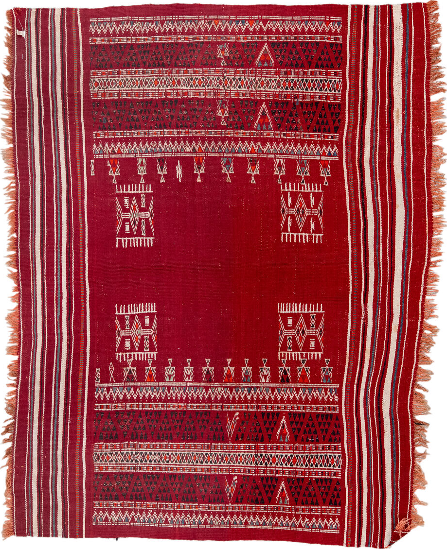 3' x 3' one-of-a-kind handmade vintage Kilim small size rug. Color palette: brown, gray, pink, red