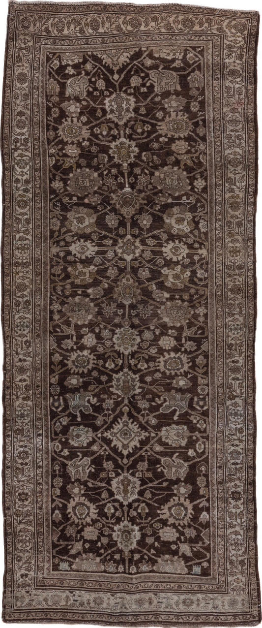 4' x 10' one-of-a-kind handmade vintage Bidjar runner rug. Color palette: brown, gray, light gray, off-white, pink, silver