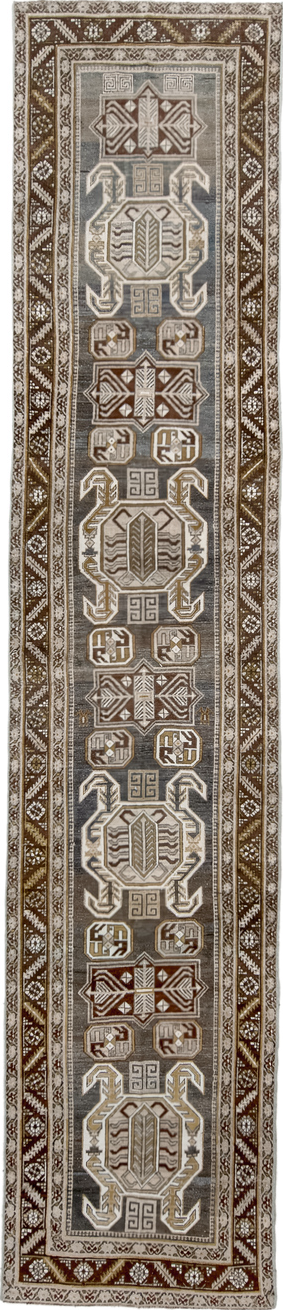 3' x 14' one-of-a-kind handmade vintage NW Persian runner rug. Color palette: black, brown, gainsboro, gray, light gray