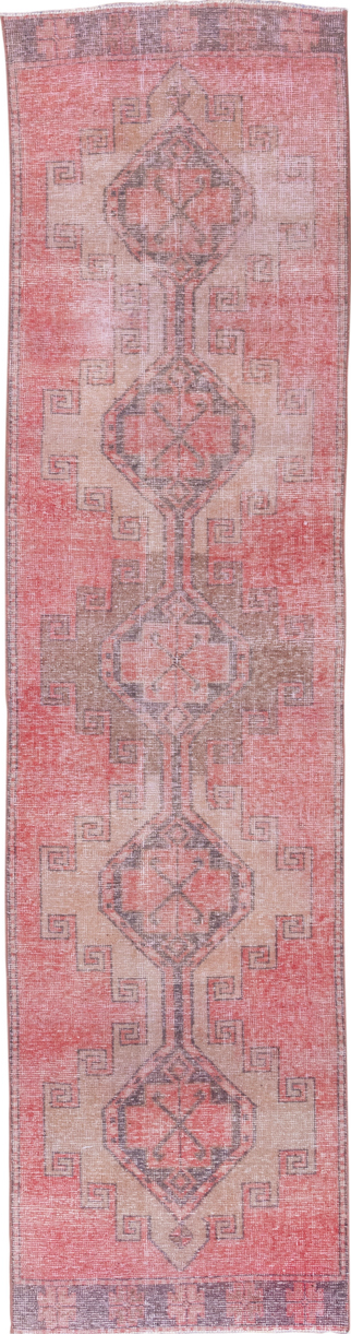 3' x 11' one-of-a-kind handmade vintage Oushak runner rug. Color palette: gray, light gray, off-white, pink, red, rosy brown