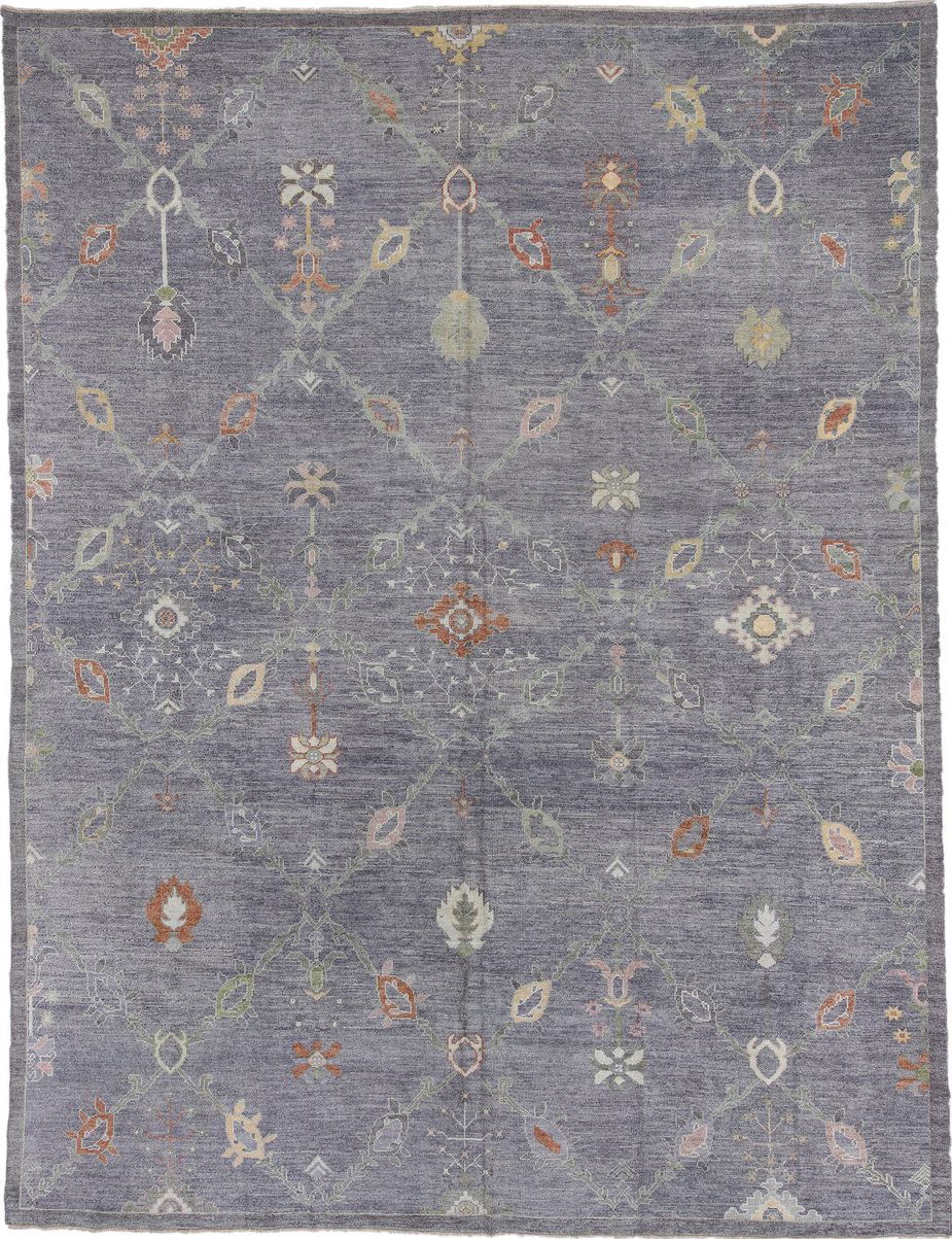 11' x 15' one-of-a-kind handmade vintage Oushak oversize rug. Color palette: black, blue, brown, dark gray, dim gray, gray