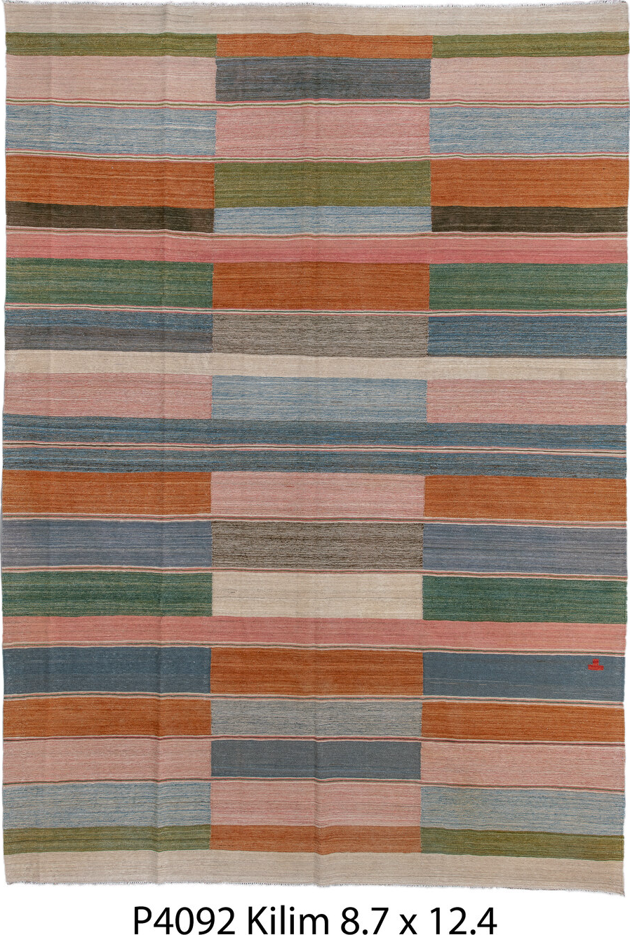 8' x 12' one-of-a-kind handmade vintage Kilim large size rug. Color palette: blue, brown, dark gray, gray, light gray