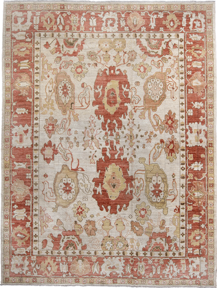 9' x 12' one-of-a-kind handmade vintage Oushak large size rug. Color palette: brown, gray, light gray, off-white, orange