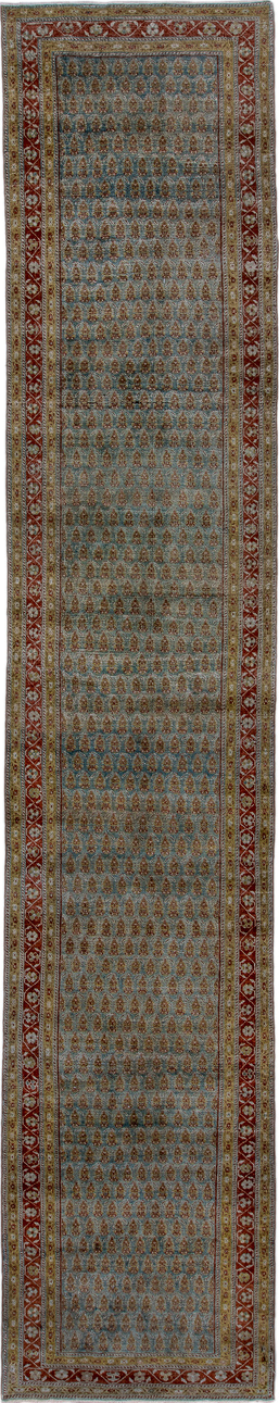 3' x 17' one-of-a-kind handmade vintage Malayer runner rug. Color palette: brown, dim gray, gray, light gray