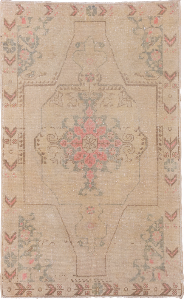 4' x 6' one-of-a-kind handmade vintage Oushak small size rug. Color palette: brown, gray, light gray, off-white, orange