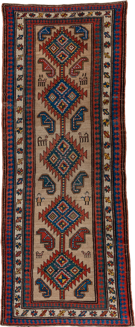 3' x 9' one-of-a-kind handmade vintage Sarab runner rug. Color palette: blue, brown, gray