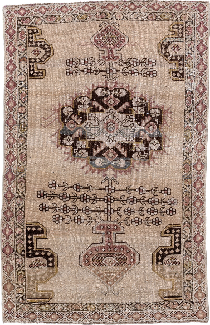 3' x 4' one-of-a-kind handmade vintage Karabagh small size rug. Color palette: black, brown, ghost white, gray, light gray