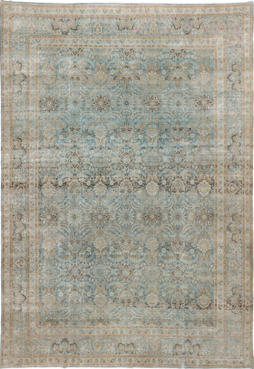 11' x 16' one-of-a-kind handmade vintage Tabriz oversize rug. Color palette: blue, brown, gray, light gray, off-white