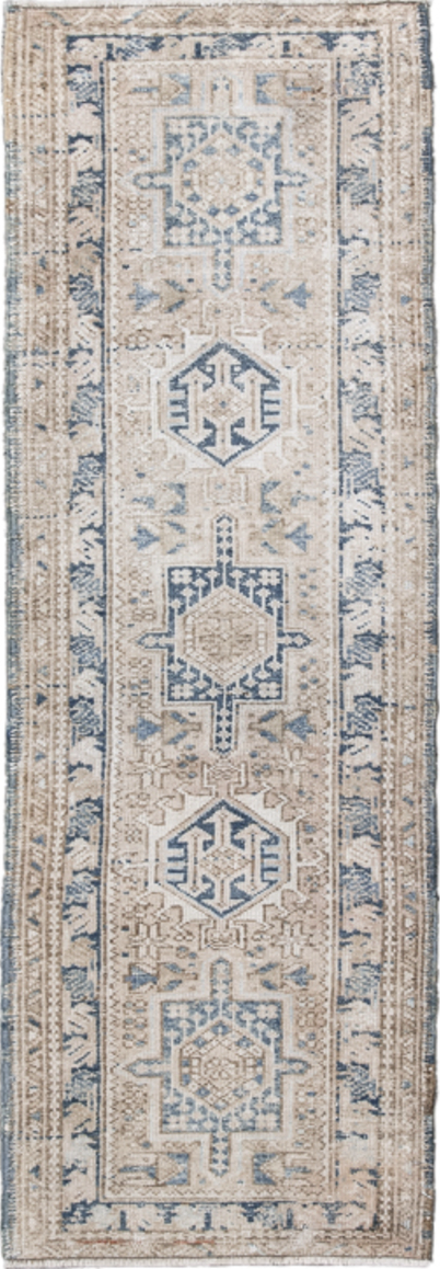1' x 5' one-of-a-kind handmade vintage Karaje small size rug. Color palette: gray, blue, light gray, off-white