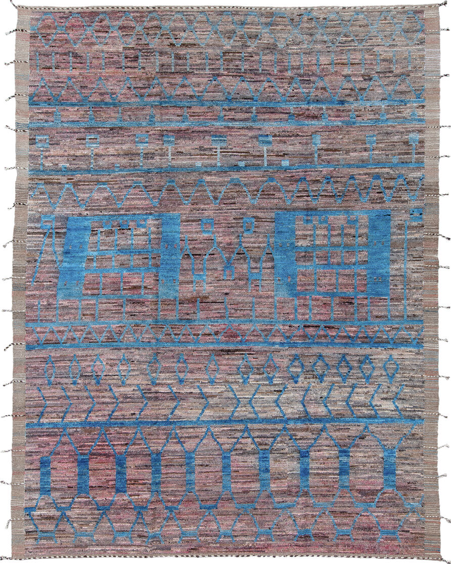 9' x 12' one-of-a-kind handmade vintage Tulu large size rug. Color palette: black, blue, brown, gray, light blue, light gray