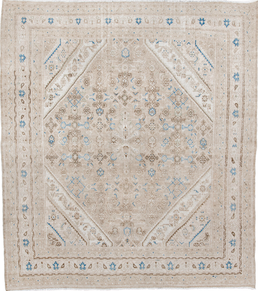 7' x 8' one-of-a-kind handmade vintage Bibikabad rug. Color palette: brown, gainsboro, gray, light blue, light gray