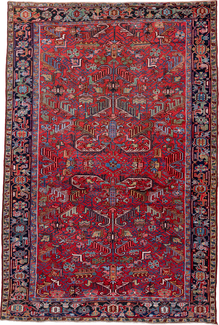 8' x 12' one-of-a-kind handmade vintage Heriz large size rug. Color palette: black, blue, brown, dark gray, gray, light blue