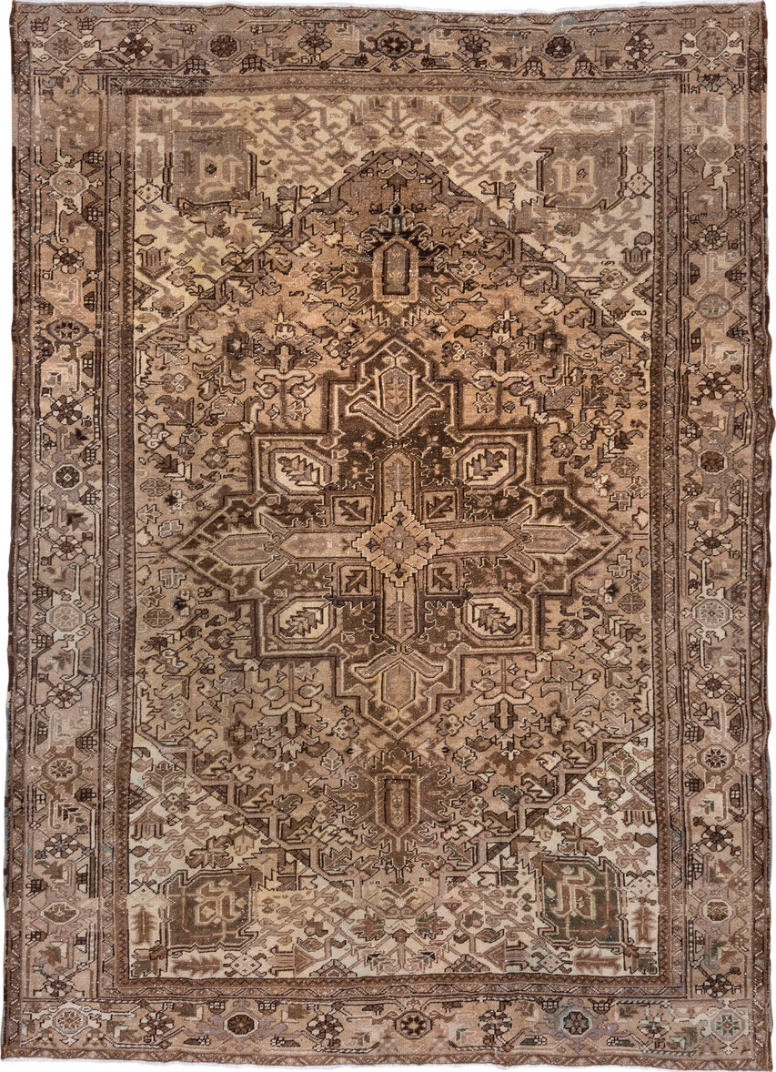 7' x 10' one-of-a-kind handmade vintage Heriz large size rug. Color palette: brown, gray, light gray, off-white, orange