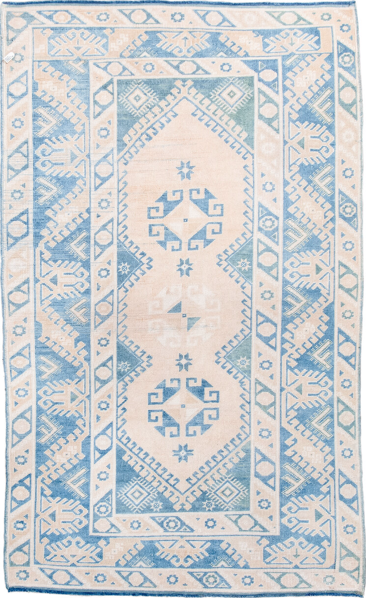 3' x 6' one-of-a-kind handmade vintage Anatol small size rug. Color palette: blue, dark gray, floral white, gainsboro, gray