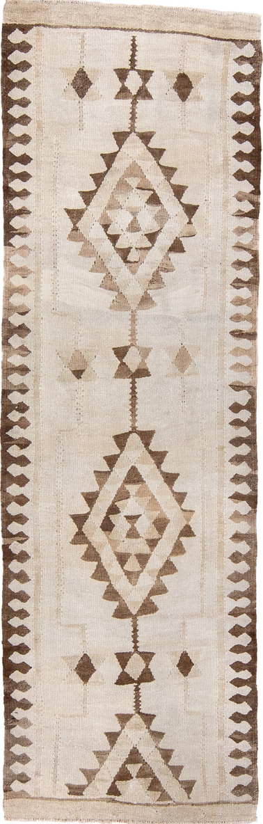 3' x 9' one-of-a-kind handmade vintage Kilim runner rug. Color palette: brown, gray, light gray, off-white, orange, pink