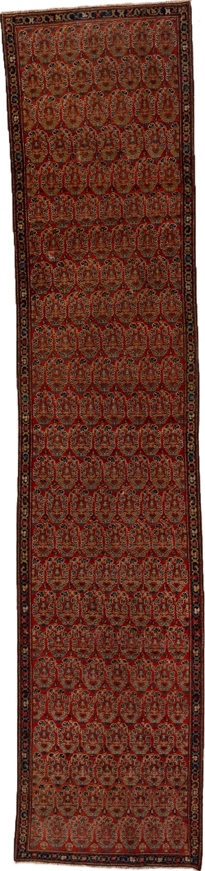 2' x 11' one-of-a-kind handmade vintage Malayer runner rug. Color palette: brown, off-white, pink, red, snow, white