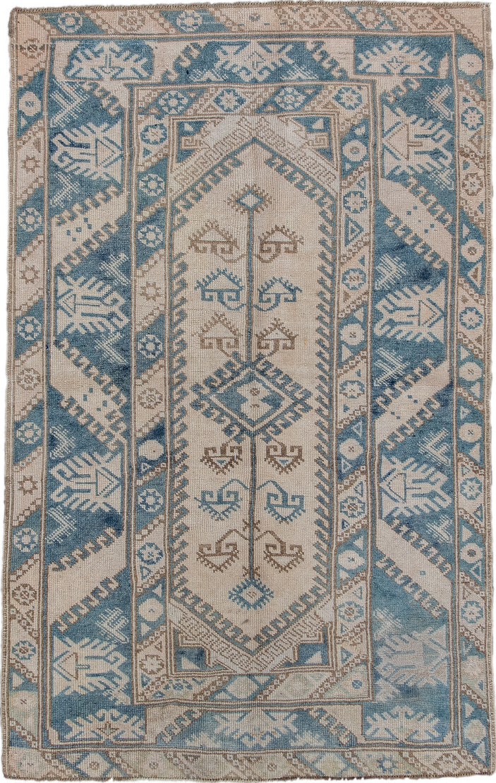 3' x 6' one-of-a-kind handmade vintage Oushak small size rug. Color palette: black, blue, brown, charcoal, gainsboro, gray