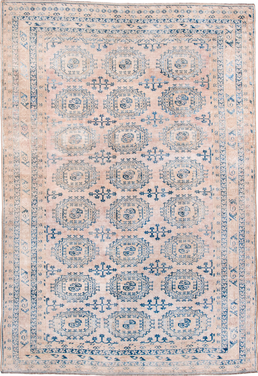 7' x 10' one-of-a-kind handmade vintage Afghan large size rug. Color palette: blue, dark gray, fiord, gray, light blue