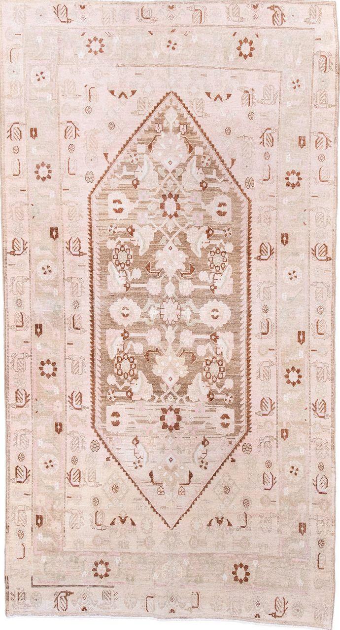 4' x 8' one-of-a-kind handmade vintage Bidjar rug. Color palette: brown, gray, light gray, linen, misty rose, off-white