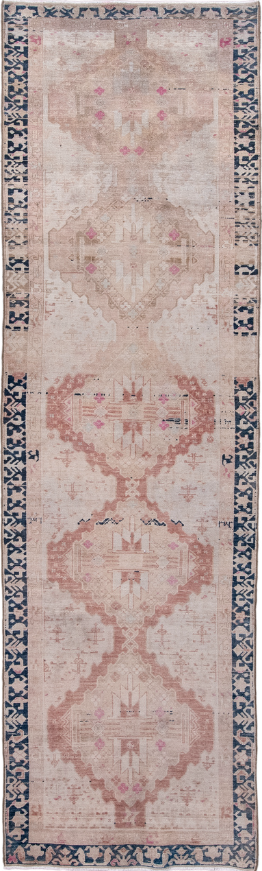 3' x 11' one-of-a-kind handmade vintage Sarab runner rug. Color palette: blue, gray, light gray, off-white, pink, silver