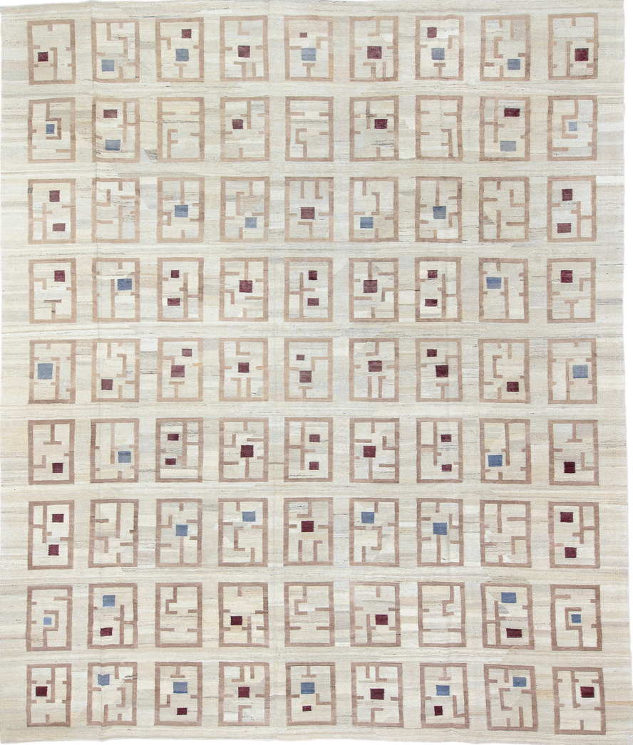 12' x 14' one-of-a-kind handmade vintage Kilim oversize rug. Color palette: black, dark gray, dim gray, gainsboro, gray