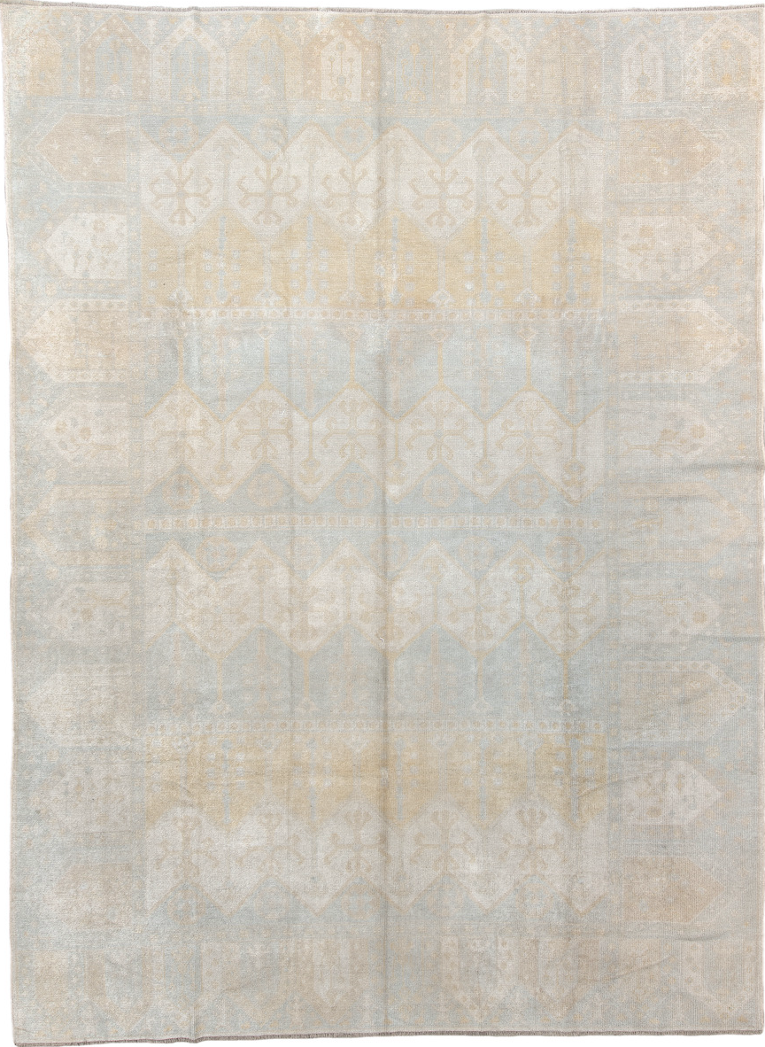 9' x 12' one-of-a-kind handmade vintage  large size rug. Color palette: antiquewhite, brown, dark gray, gainsboro, gray