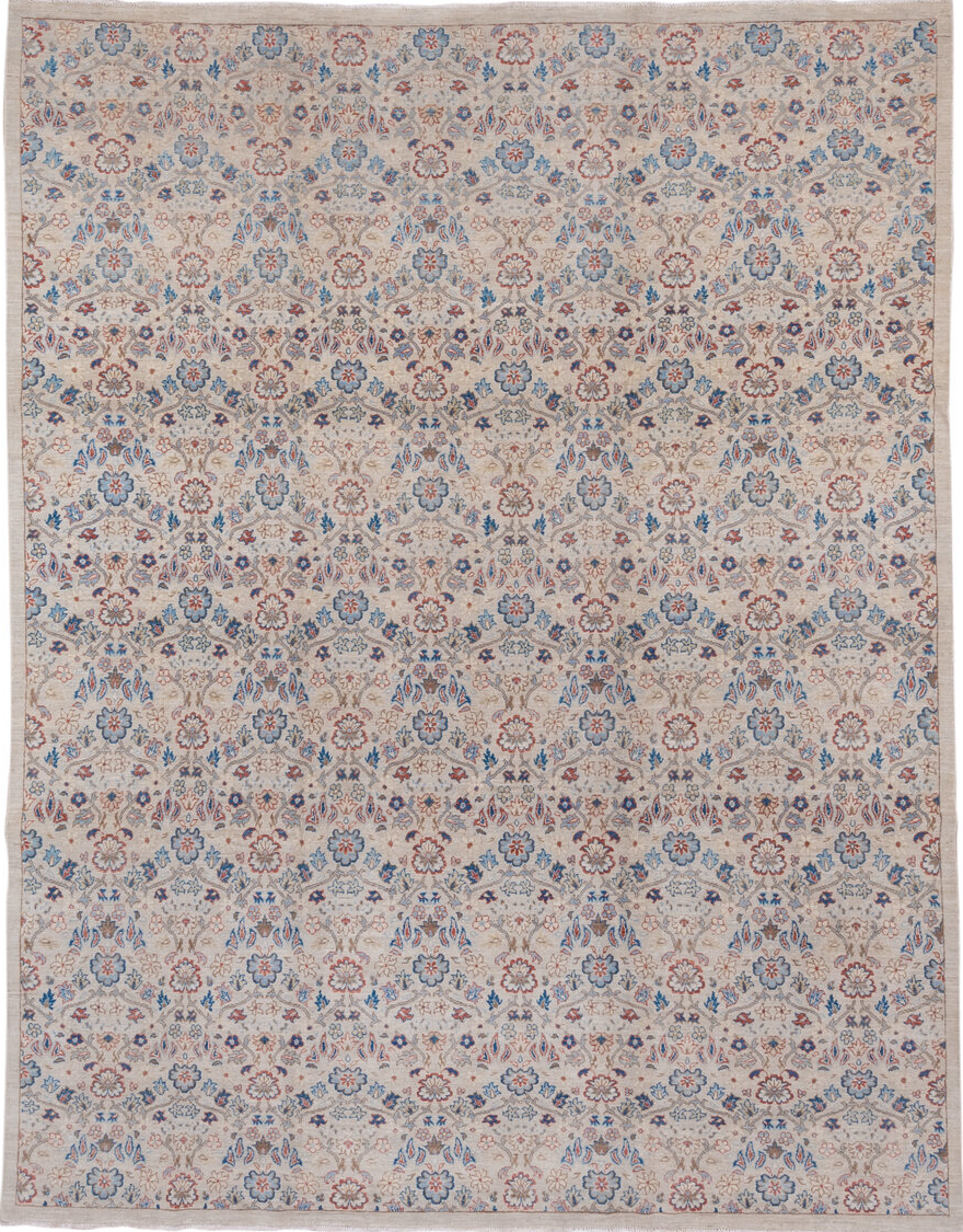 8' x 10' one-of-a-kind handmade vintage Afghan large size rug. Color palette: blue, dark gray, fiord, gray, light blue