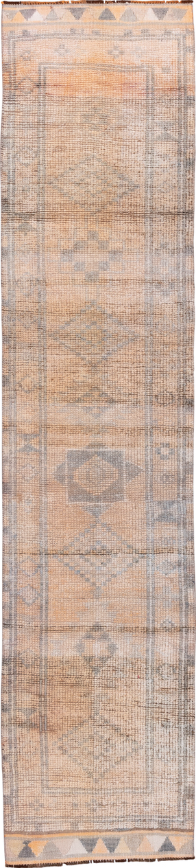 2' x 11' one-of-a-kind handmade vintage Oushak runner rug. Color palette: brown, gray, light gray, off-white, orange, pink