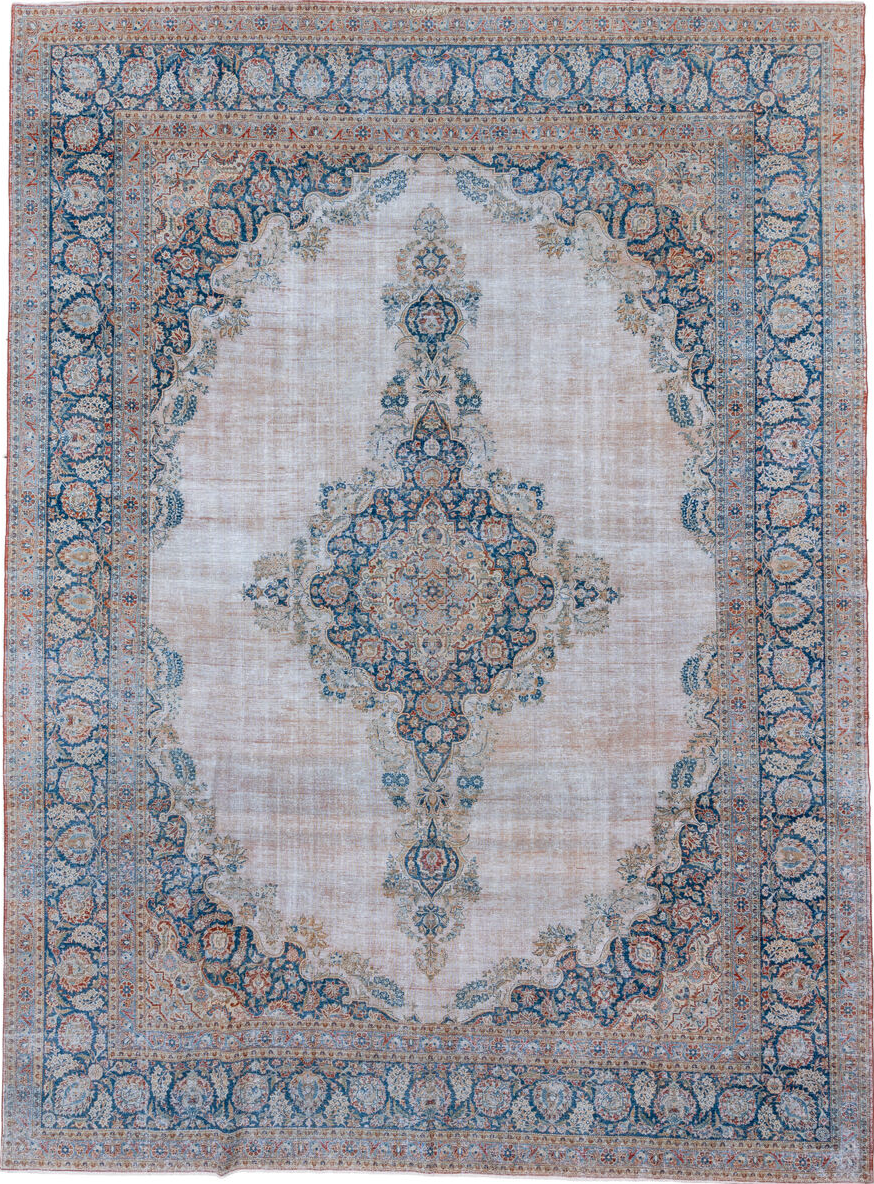 10' x 14' one-of-a-kind handmade vintage Kashan large size rug. Color palette: arapawa, black, blue, brown, gray, light gray