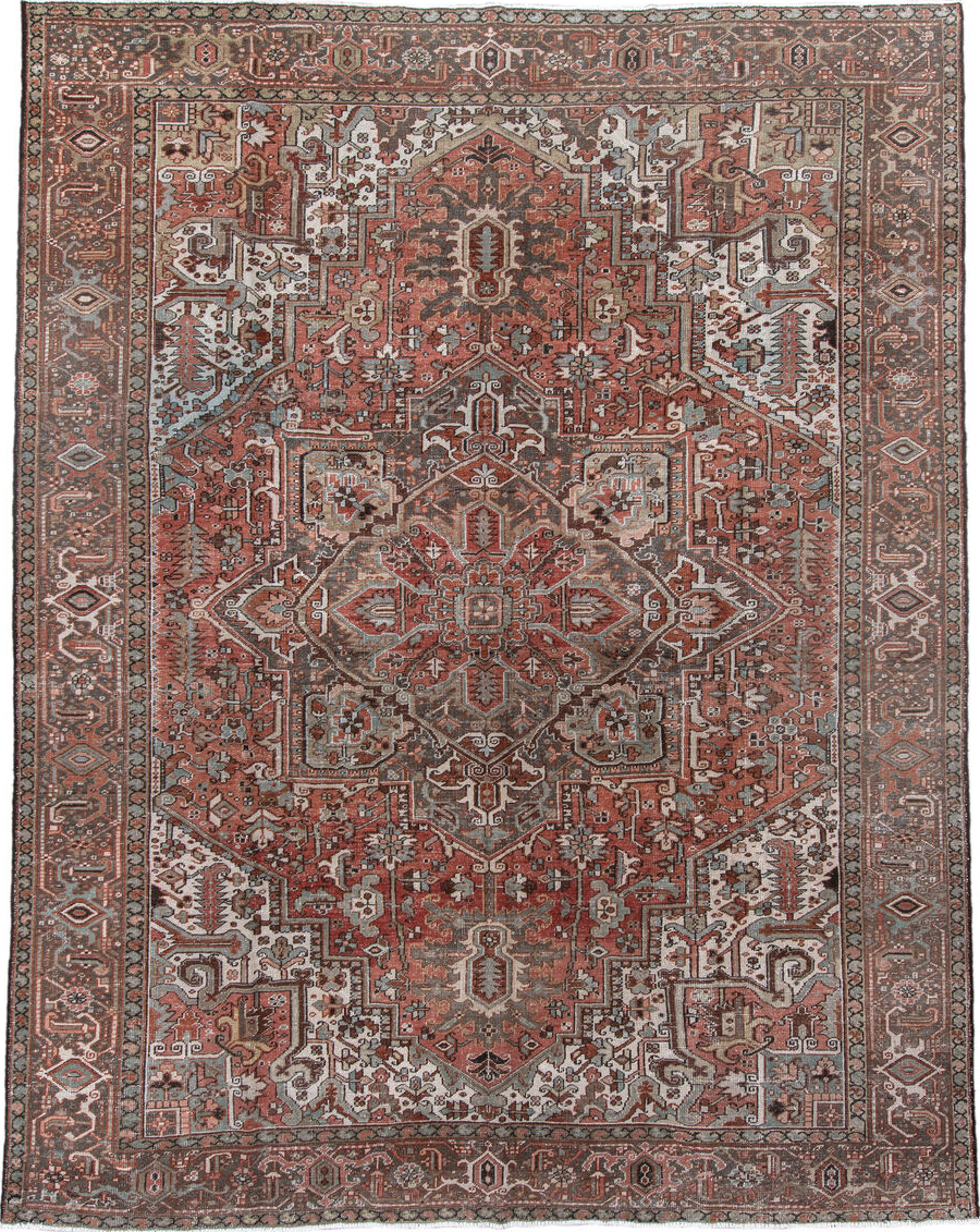0' x 0' one-of-a-kind handmade vintage Heriz small size rug. Color palette: gray, light gray, off-white, brown, pink, red