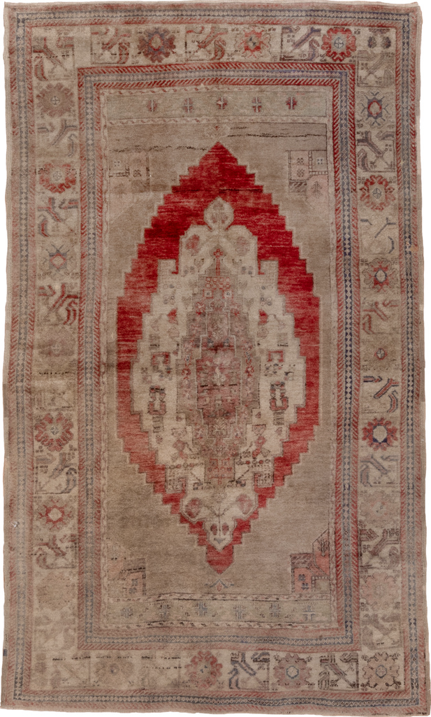 5' x 8' one-of-a-kind handmade vintage Oushak medium size rug. Color palette: brown, gray, light gray, pink, red