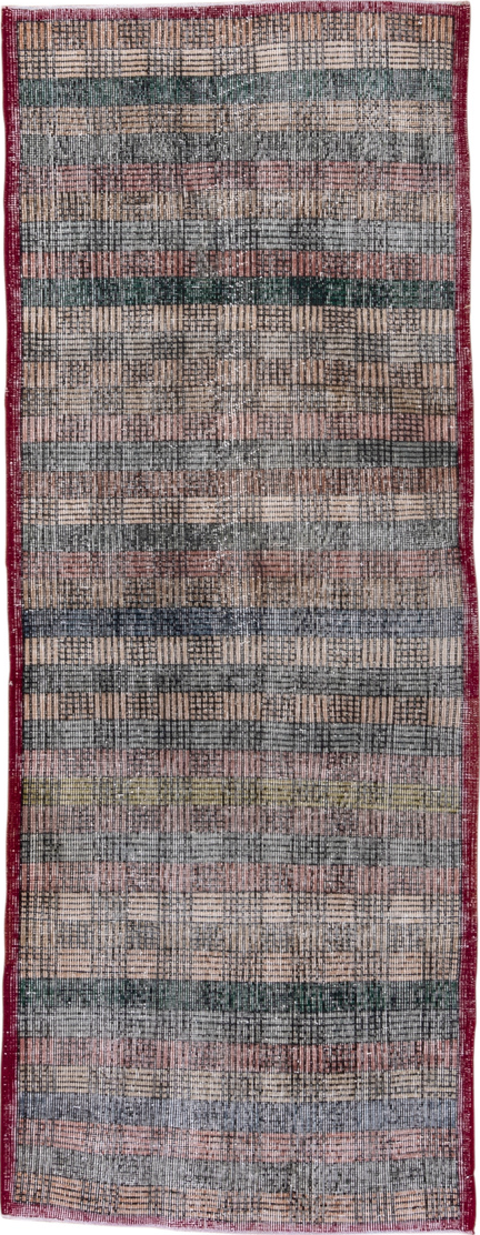 3' x 8' one-of-a-kind handmade vintage Oushak runner rug. Color palette: black, brown, charcoal, dim gray, gray, light gray