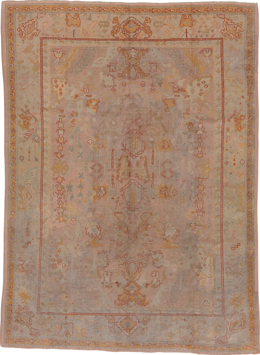 8' x 11' one-of-a-kind handmade vintage Oushak large size rug. Color palette: brown, gray, light gray, off-white, pink