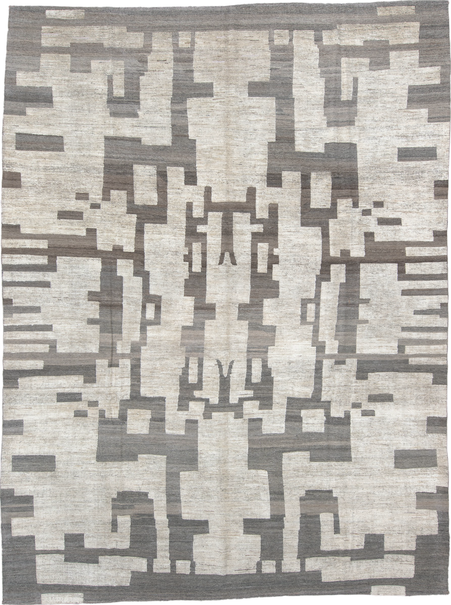 10' x 13' one-of-a-kind handmade vintage Tulu large size rug. Color palette: off-white, gray, light gray, gainsboro