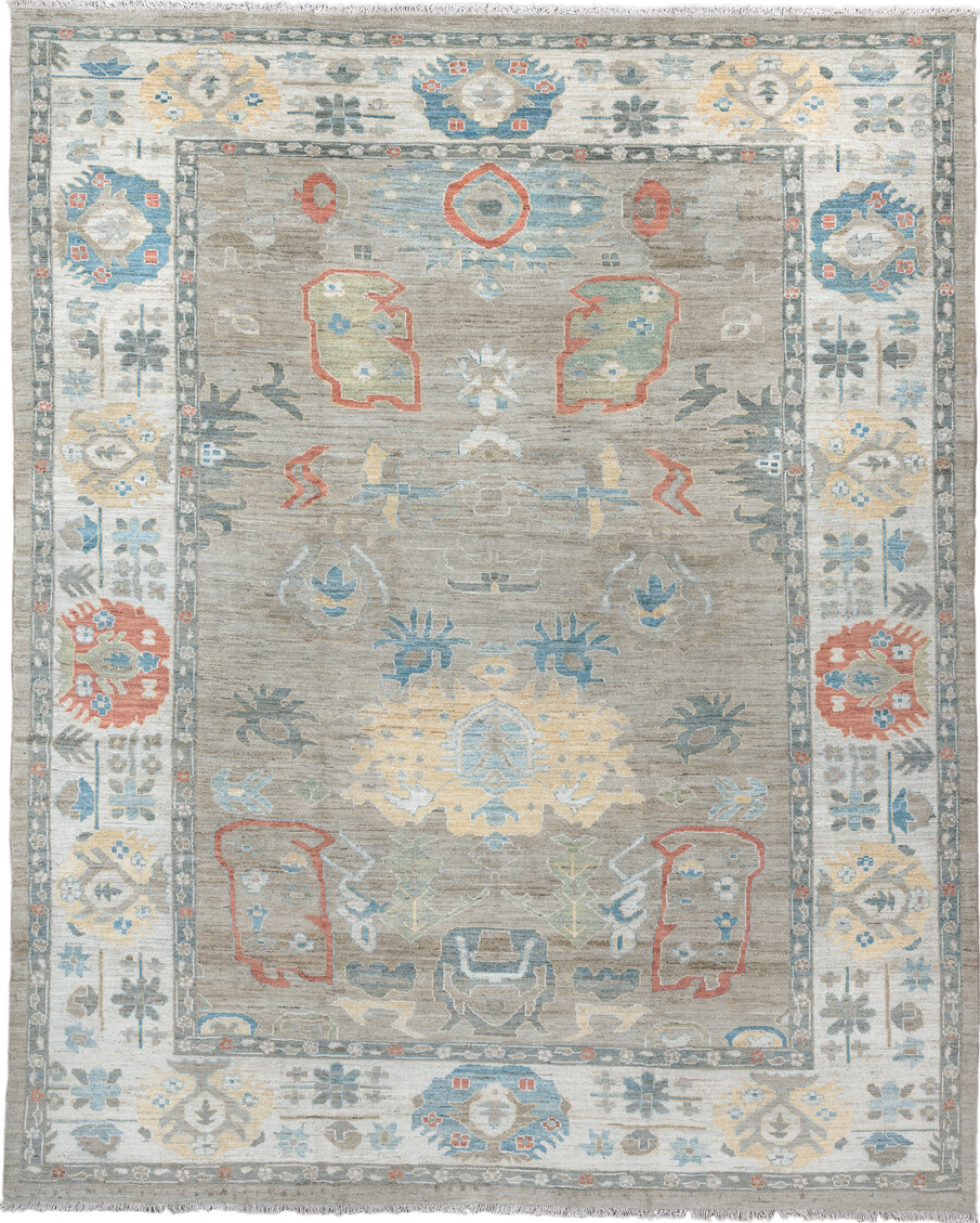 10' x 12' one-of-a-kind handmade vintage Oushak large size rug. Color palette: brown, dark gray, gray, light blue