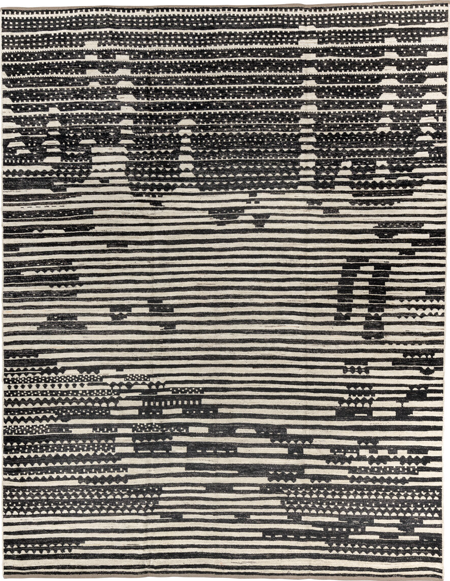 9' x 11' one-of-a-kind handmade vintage Tulu large size rug. Color palette: black, blue, charcoal, dark gray, dim gray