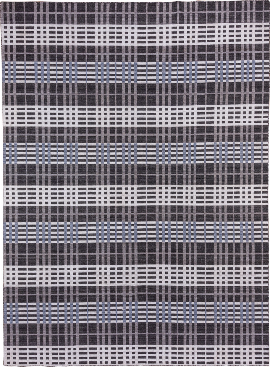 10' x 14' one-of-a-kind handmade vintage Kilim large size rug. Color palette: blue, gainsboro, gray, light gray, off-white