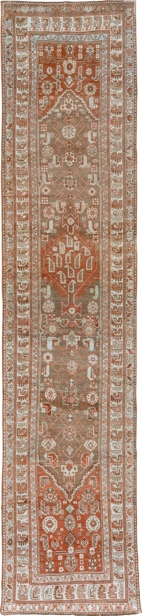 2' x 13' one-of-a-kind handmade vintage Malayer runner rug. Color palette: brown, gray, light gray, off-white, pink, silver