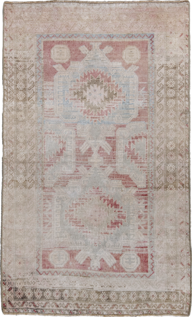 2' x 4' one-of-a-kind handmade vintage Oushak small size rug. Color palette: brown, dark gray, gray, light gray, off-white