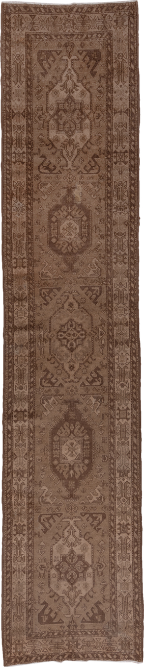 3' x 15' one-of-a-kind handmade vintage NW Persian runner rug. Color palette: brown, off-white, pink, snow, white