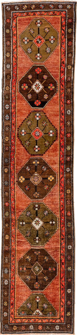 2' x 10' one-of-a-kind handmade vintage Kars runner rug. Color palette: black, brown, gray, off-white, orange, pink, red