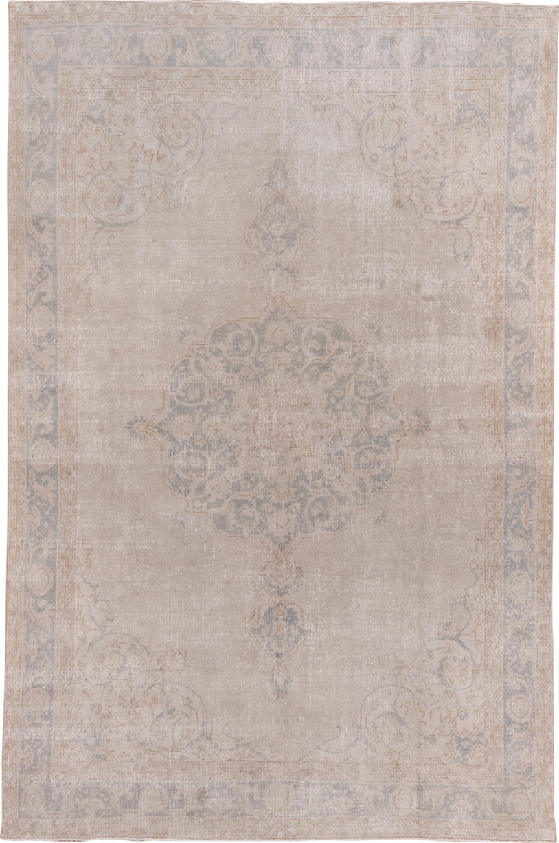 7' x 10' one-of-a-kind handmade vintage Oushak large size rug. Color palette: dark gray, gray, light gray, off-white, pink