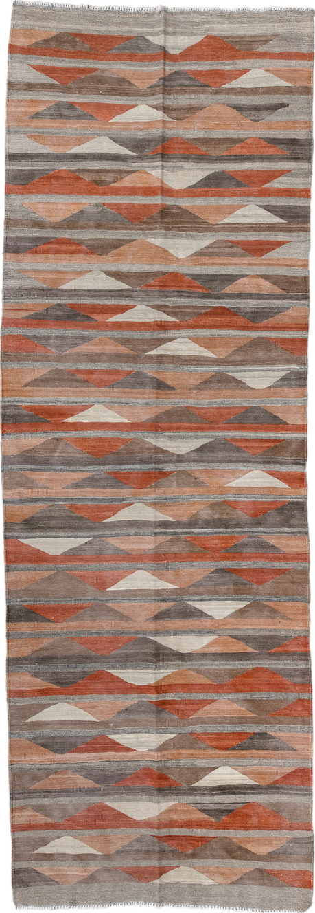 3' x 9' one-of-a-kind handmade vintage Kilim runner rug. Color palette: brown, gray, light gray, off-white, pink