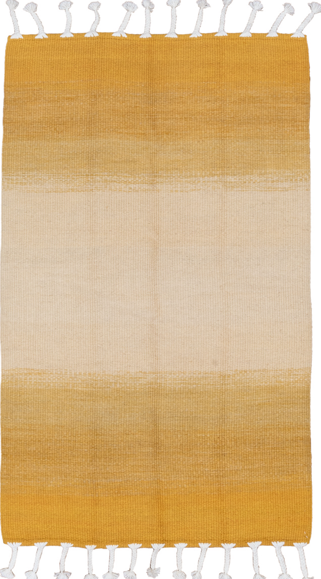 4' x 6' one-of-a-kind handmade vintage Flatweave small size rug. Color palette: brown, yellow, off-white, pink, light gray