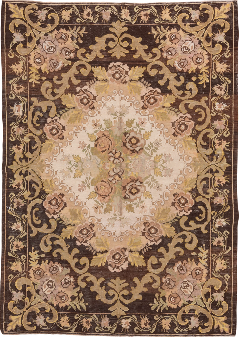 6' x 8' one-of-a-kind handmade vintage Kilim medium size rug. Color palette: brown, burlywood, gray, orange, pink, tan