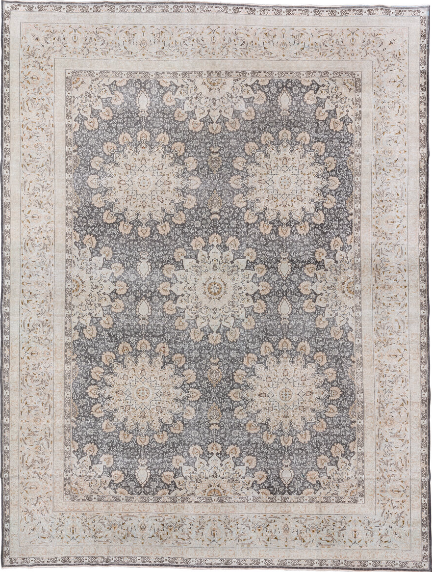 9' x 12' one-of-a-kind handmade vintage Kerman large size rug. Color palette: black, brown, dark gray, dim gray, gainsboro