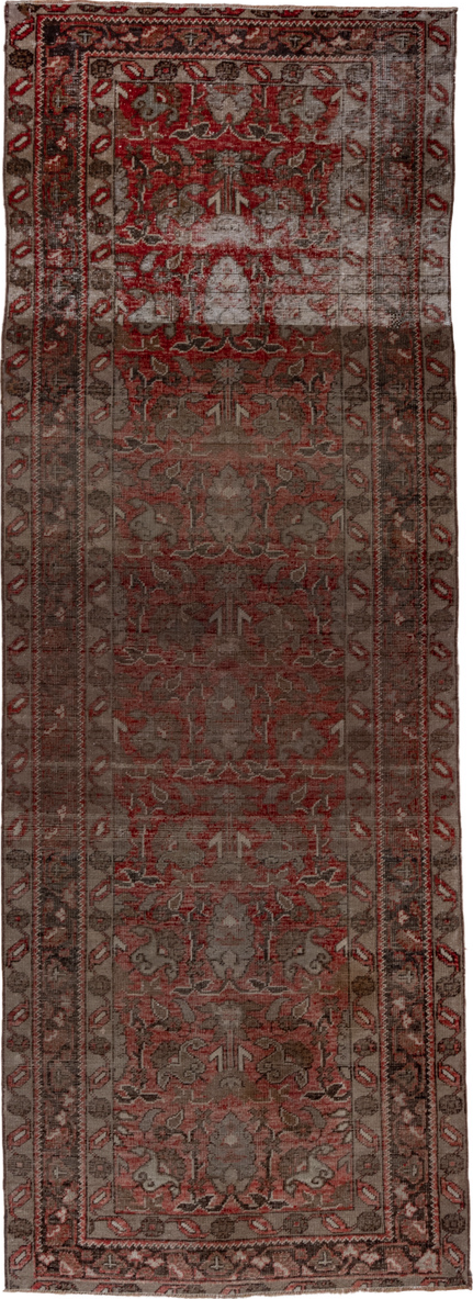 3' x 10' one-of-a-kind handmade vintage Oushak runner rug. Color palette: brown, gray, off-white, pink, snow, white