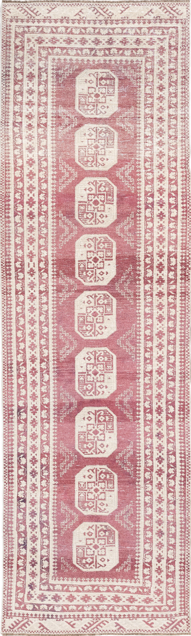 3' x 10' one-of-a-kind handmade vintage Afghan runner rug. Color palette: antiquewhite, beige, floral white, gray, ivory